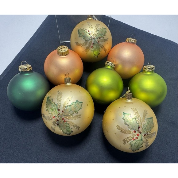 The Unbranded Brand Other - West Germany~ Round Peach Green Gold Glass Ornaments Glitter Set of 8